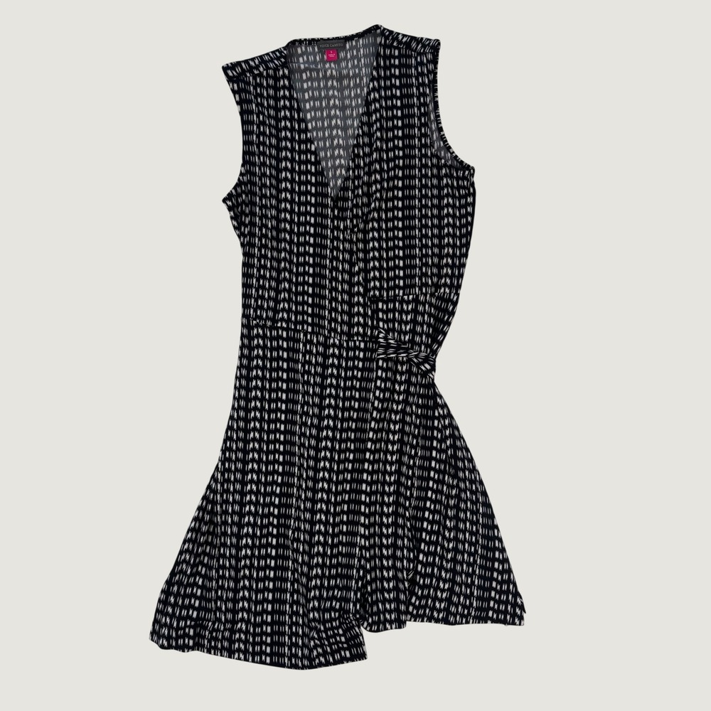 Vince Camuto Black White Geometric Sleeveless Faux Wrap Dress Professional S